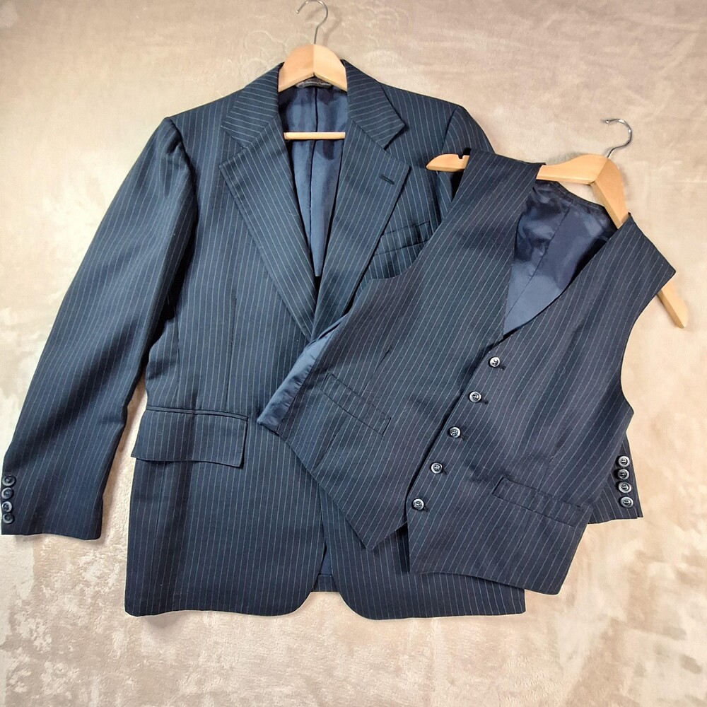 Vintage Cricketeer Suit Jacket Vest Mens 44R Navy Pinstripe Made in USA 80s 90s